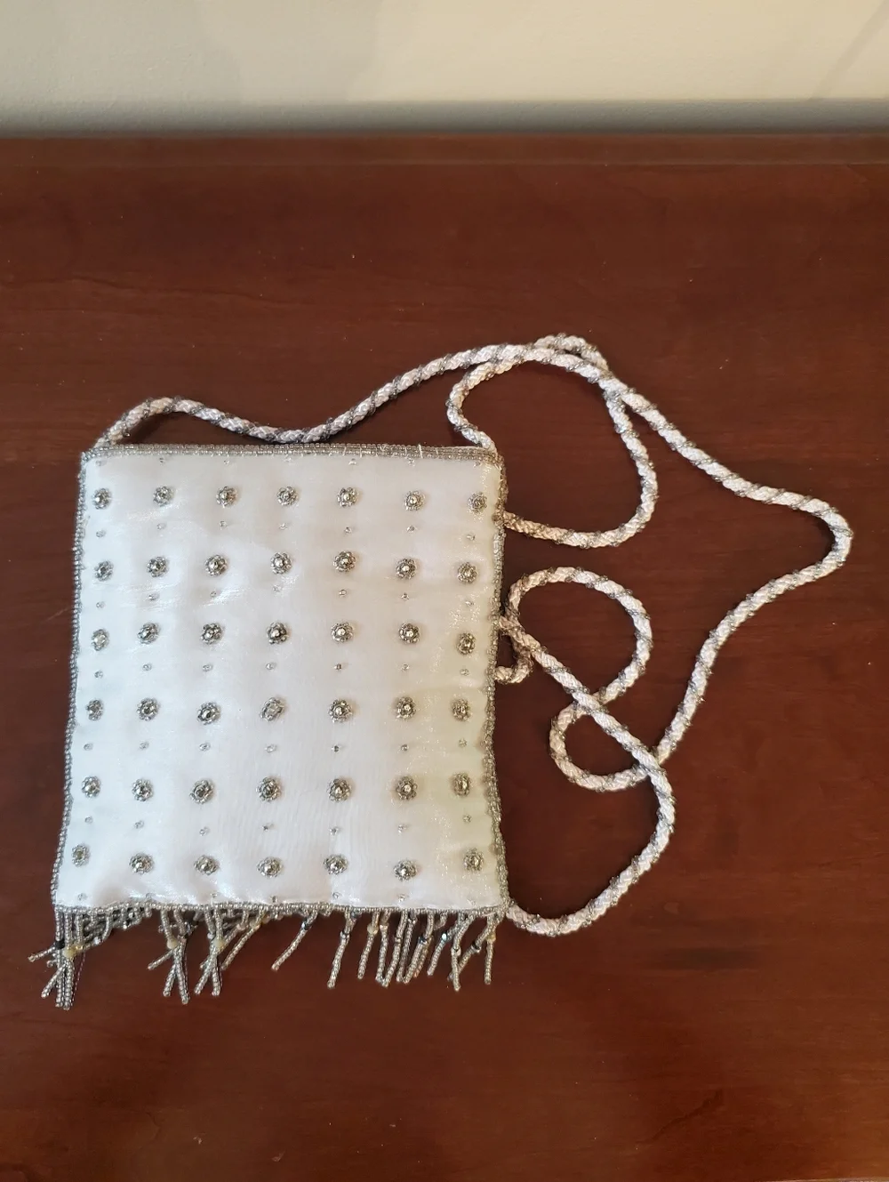 Vtg - La Regale - Silver White - Satin - Beaded Fringe Purse